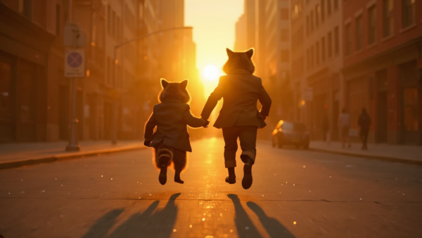 Raccoons Running to the Sunset