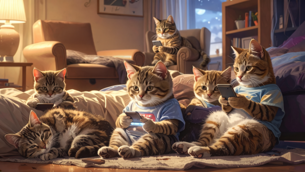 Cat Family Focused on Devices