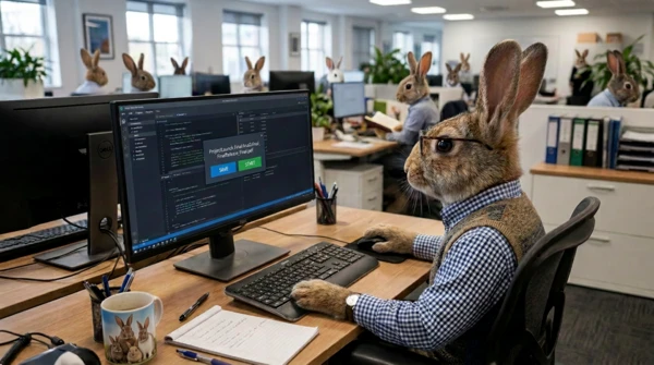 A rabbit working at a computer looking at a final file