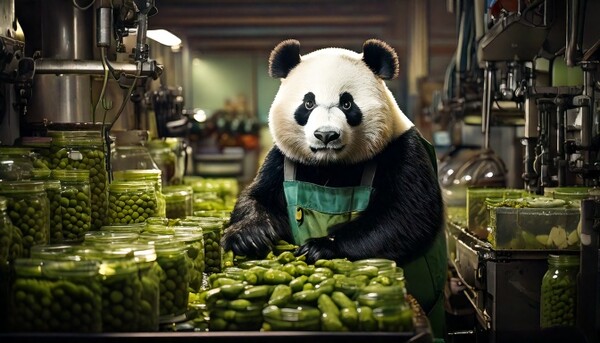 Media Name: Firefly panda bear, working in a pickle factory, lots of machines packing 52795.jpg